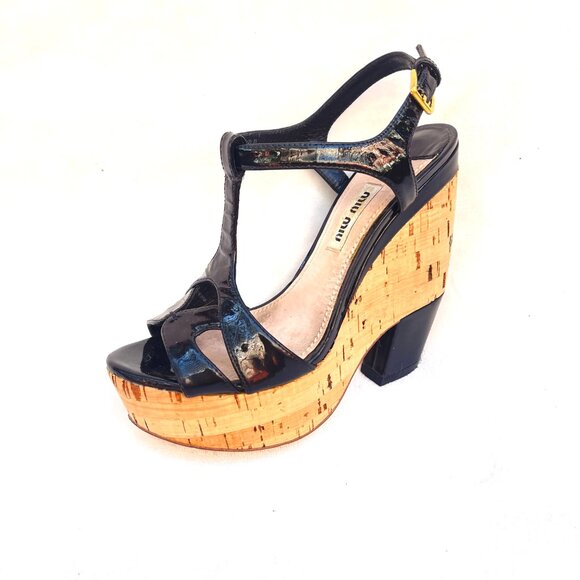 Miu Miu Patent leather T-Strap Cork Black Wedges - Picture 9 of 10